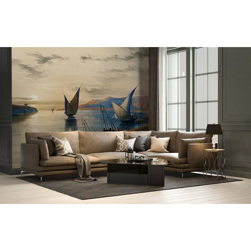Papier peint amovible coucher de soleil avec voilier vue mer, L 48,96 po x l 75 po