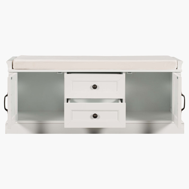 Storage Bench With 2 Drawers And 2 Cabinets, Shoe Bench With Removable Cushion For Living Room, Entryway, White