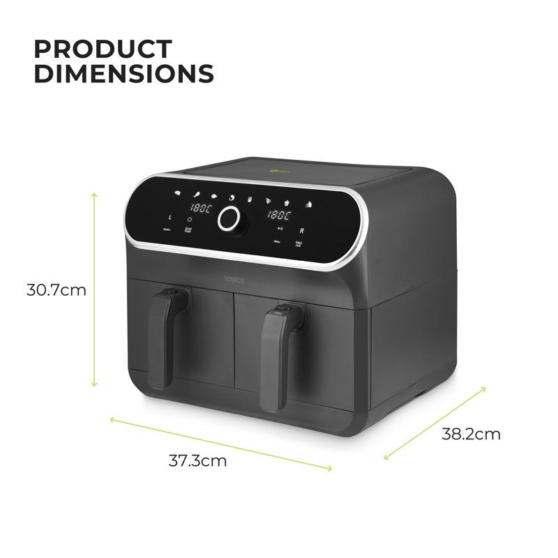 Tower T17194 Elite Dual Basket Air Fryer with Digital Control Panel, Match Cook & Smart Finish Functions, 8 Cooking Presets, Vortx Technology, 8L, 1700W, Graphite