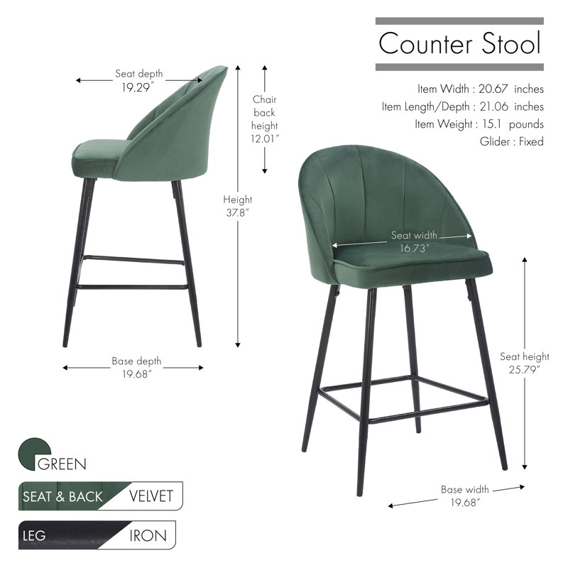 Upholstered Counter Stool with Metal Frame, Green