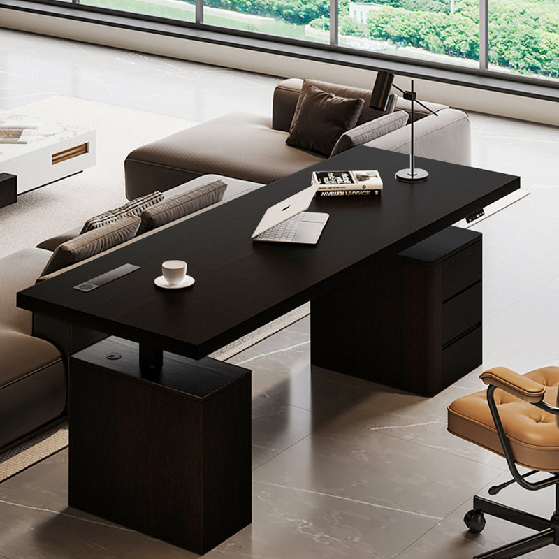 Bureau à hauteur réglable en bois massif 78,74 po de style italien avec deux moteurs à hauteur réglable avec prise de courant intégrée et recharge sans fil, options chêne fumé et chêne noir