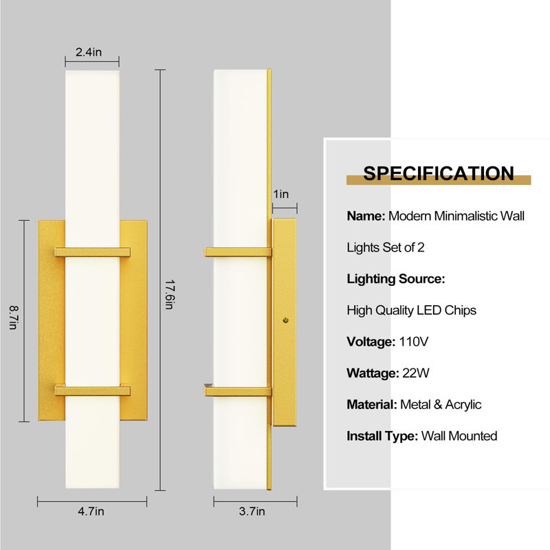 Set of 2 Dimmable Minimalist Hardwired Wall Sconces, Gold