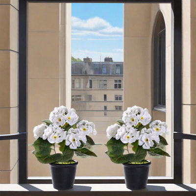 2 pièces de géranium artificiel en pot avec bassin, géranium, décoration de fausse fleur pour l'extérieur, décoration de table de bureau de ferme de mariage