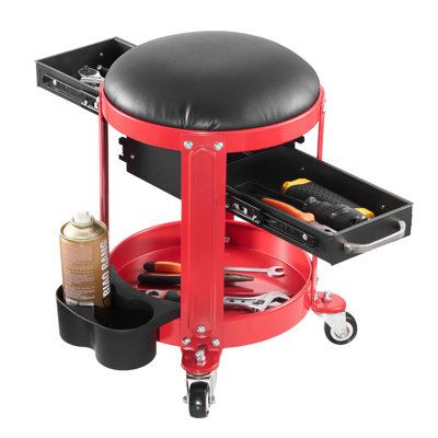 Rolling Mechanic Stool With Wheels, 300 Lbs Capacity Garage Seat/Work Stool, Padded Roller Creeper Seat With Fixed Height, Tool Tray And 2 Drawers, For Garage, Shop And Auto Repair, Red+Black