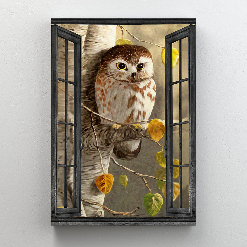 Chouette près de la fenêtre - «No Text», toile tendue avec châssis - Illustration animalière, décoration de salon brun