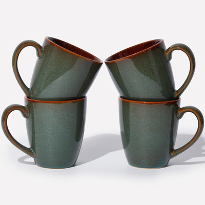 16 oz Stackable Ceramic Coffee Mugs Set of 4 - Reactive Glaze, Microwave/Dishwasher Safe - Brown Green for Latte