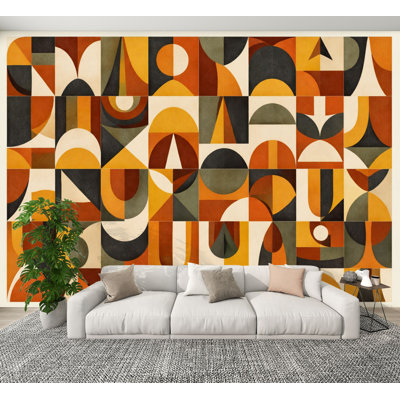 Peel and Stick Wallpaper Abstract Geometric Shapes Earth Tones Retro Mid Century Modern Style Wall Murals 100"H x 144"W Removable PVC Wall Paper Self-Adhesive Wall Decor for Bedroom Living Room Home Office