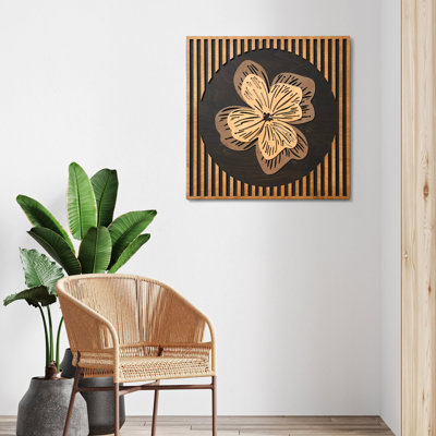 Art mural floral en bois - Décor en relief de fleurs modernes en couches 3D (petit, sans cadre)