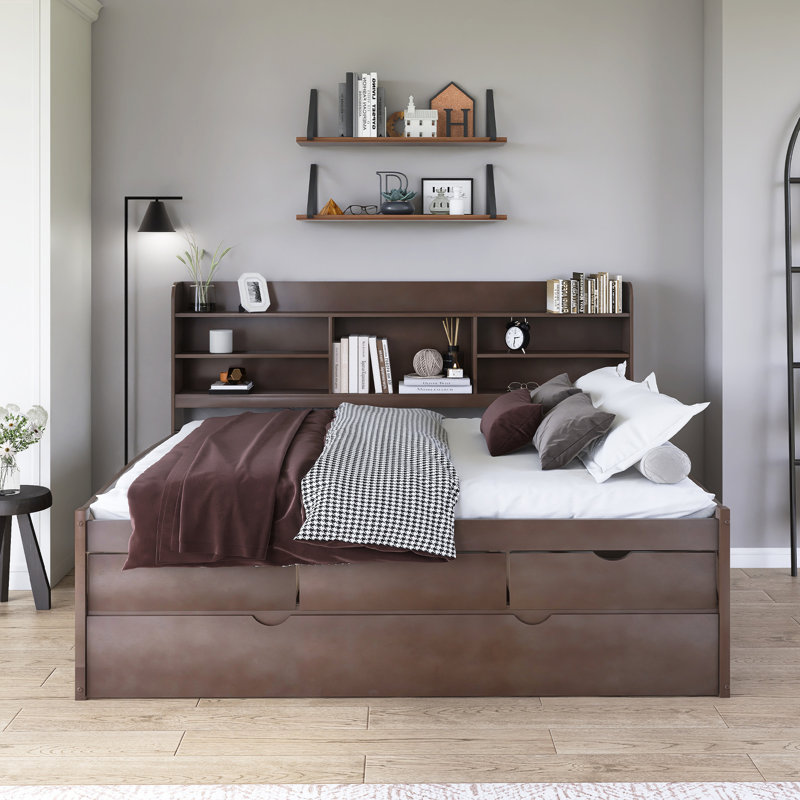 Wood Captain Bed With Trundle,Drawers, Full, Antique Brown