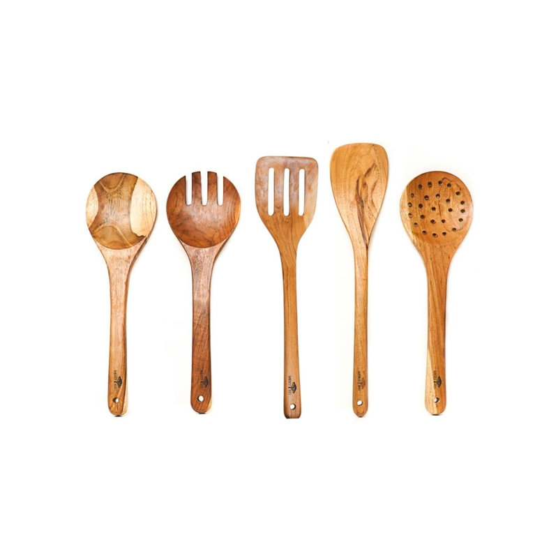 Ensemble d'ustensiles de cuisine en bois de teck 5 pièces
