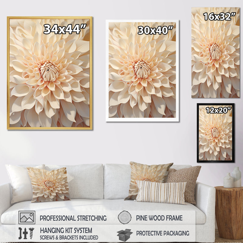 Minimalisme dahlia beige sur toile, H 20 po x l 12 po x P 1 po, Cadre doré simple