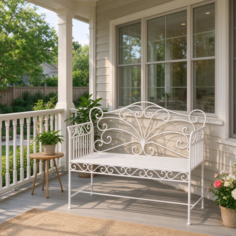 Banc de jardin extérieur en métal de 109 cm avec accoudoirs, style antique à volutes, pour terrasse ou piscine, blanc crème