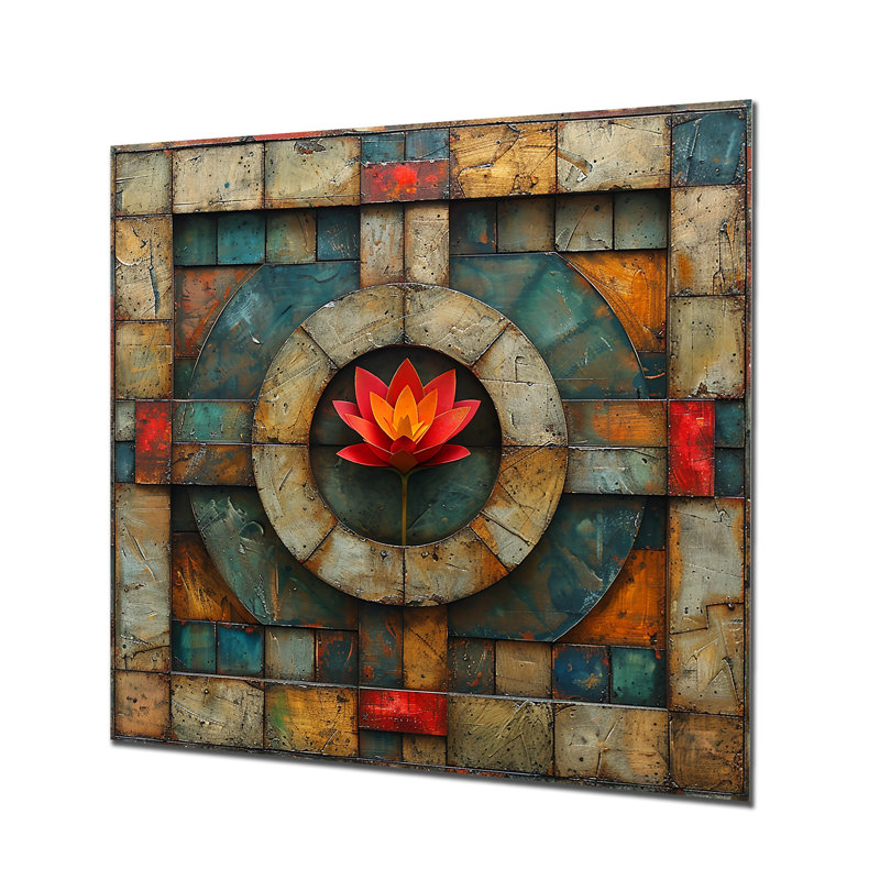 Tulipe rouge sur une composition géométrique en pierre - Tulipe, art mural, Métal métal, H 36 po x l 36 po x P 1,5 po