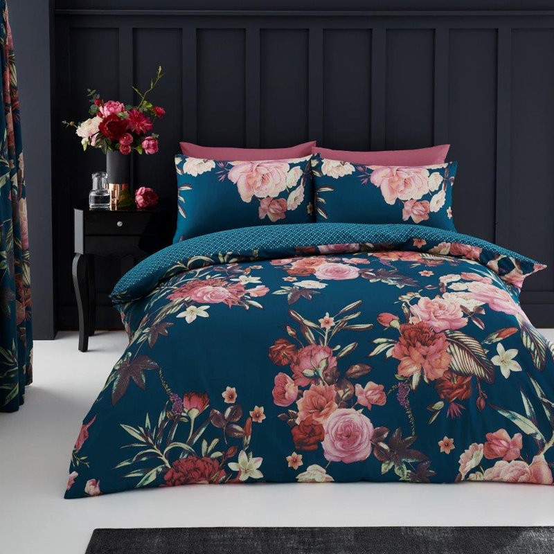 GC Floral Duvet Cover Set With Pillowcases - Polycotton Bedding - Luxury High Quality Yarn Blossom Bedding Set, Teal, King