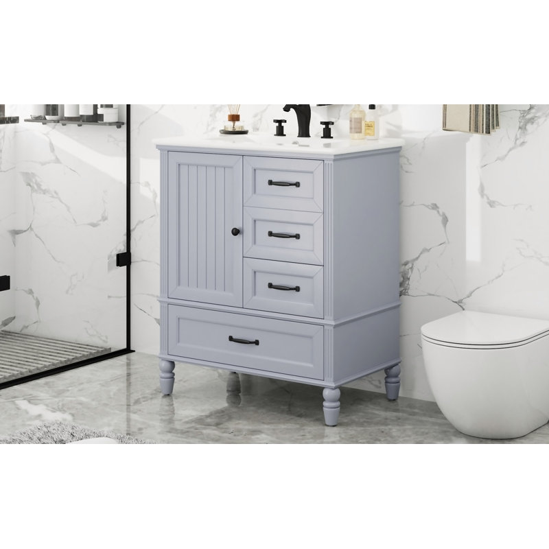 Bathroom Vanity With Sink, Bathroom Cabinet With Door & Drawers, Solid Wood Legs & Mdf Board, Adiustable Foot Pads, Grey
