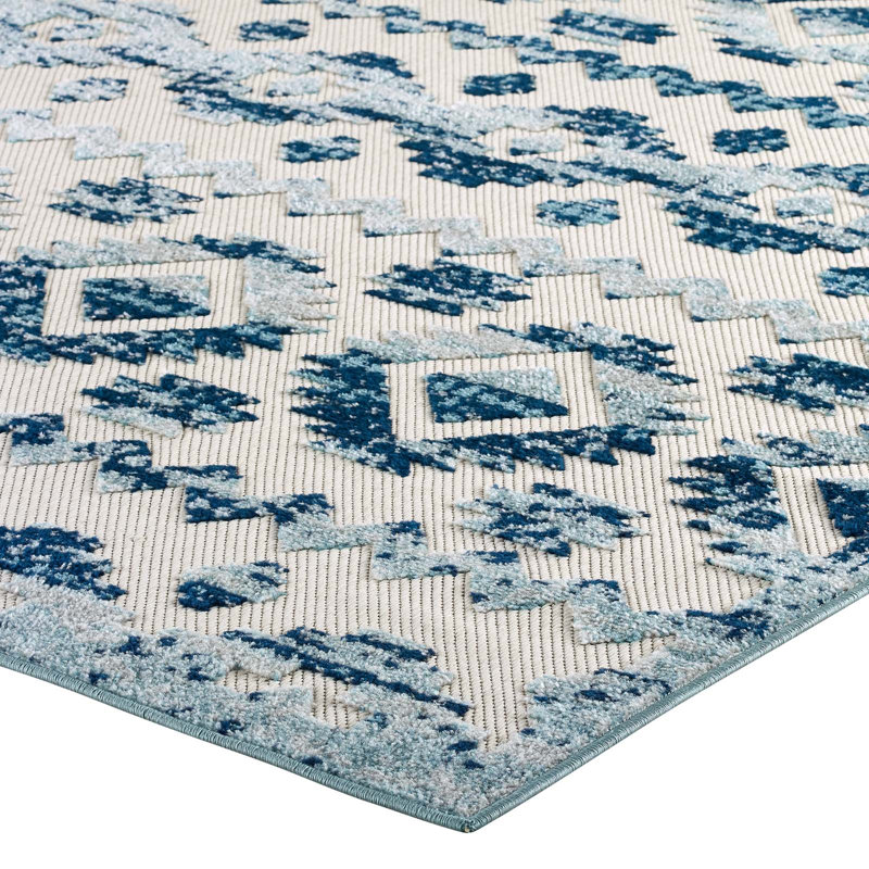 Ivory and Blue Trellis 8' x 10' Synthetic Easy-Care Area Rug