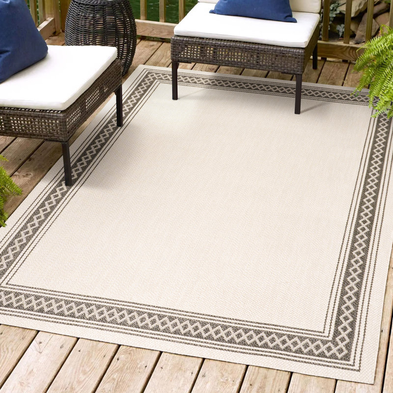 Clap Back Classic Diamond Border Cream/Black Indoor/Outdoor Rug, Rectangle 3'11" x 6'