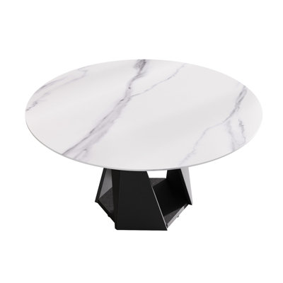 60.79" White Round Dining Table With Firm Iron Base, Sintered Stone Surface For 6-8, And Easy To Clean, Contemporary Appeal In White, Robust Metal Base Properties