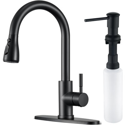 Modern Single-Handle Pull-Down Sprayer Kitchen Faucet with Soap Dispenser in Stainless Steel