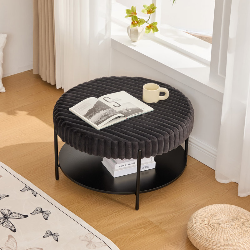 Mase Round Upholstered Ottoman with Lower Shelf & Metal Legs, Charcoal