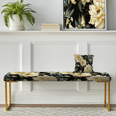 Ornate Damask Opulence - Floral Upholstered Gold Bench