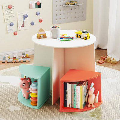 Kids Table and Chair Set with 4 Storage Stools, Round Children Multi-Activity Table with Nesting Design for Play/Art/Read, Toddler Table and Chairs Se