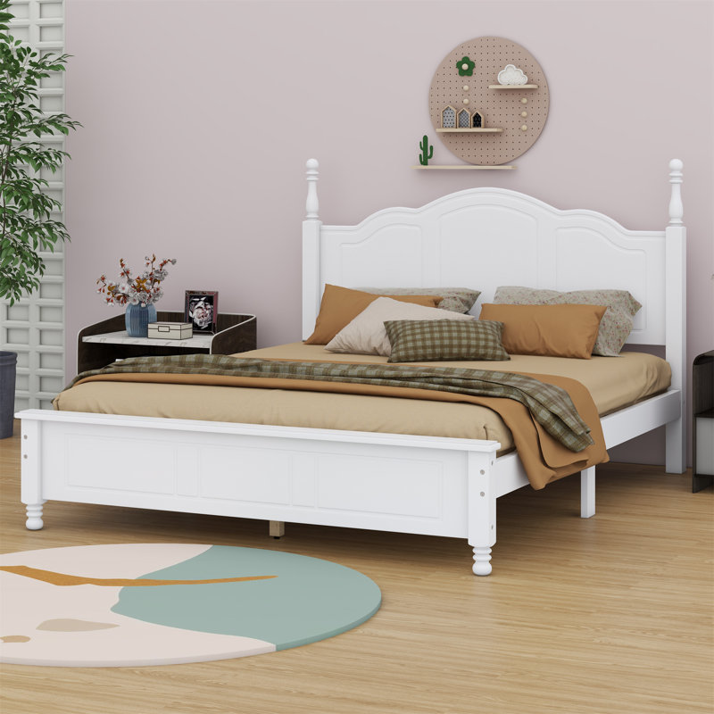 Platform Bed Frame,Retro Style Platform Bed With Wooden Slat Support, White, Full