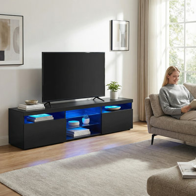 Multifunctional TV Stand With 2 Glass Shelves, Accommodates Tvs Up To 105 Inches, Features LED Color-Changing Lights, Ideal For Living Rooms, Black