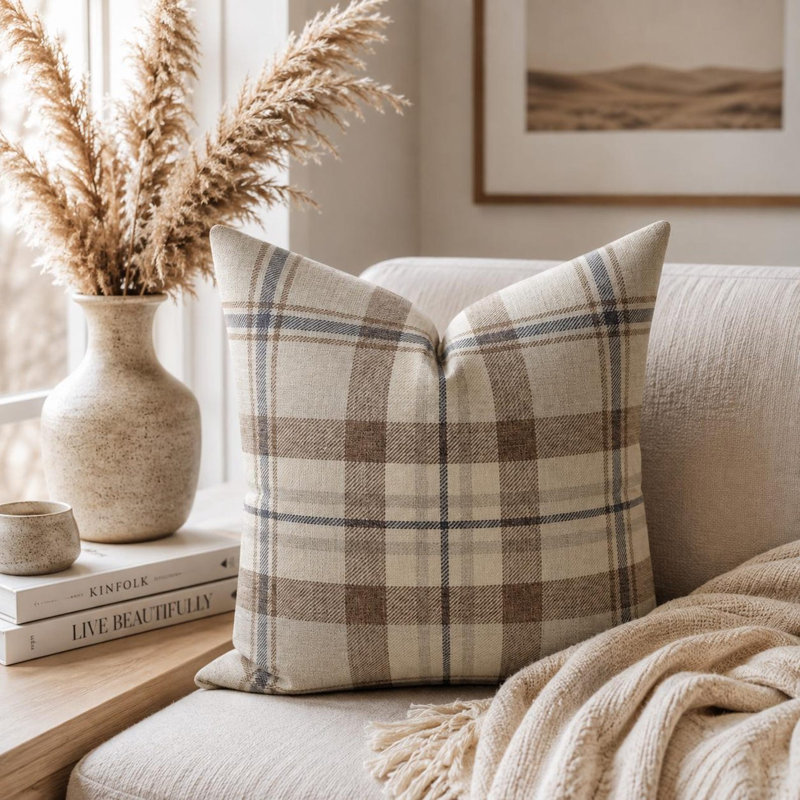 Housse de coussin à carreaux brun clair et beige, Carré 15 po