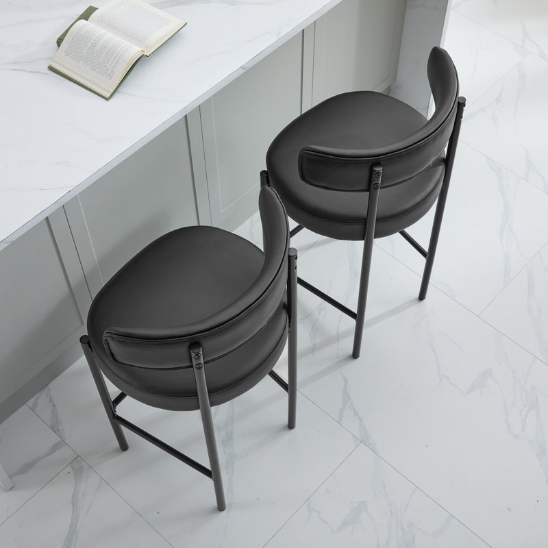 30" Faux Leather Upholstered Bar Stool with Curved Back and Metal Frame, Matte Black, 4