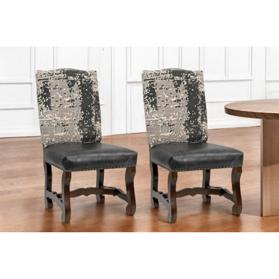 Ensemble de deux chaises d'appoint de salle à manger revêtues de chenille et de cuir noir et gris foncé