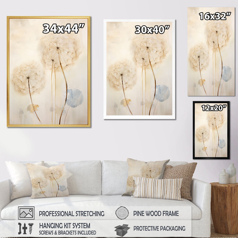 Dandelion Mute Tone IV sur toile, Cadre flottant blanc, H 20 po x l 12 po x P 1 po