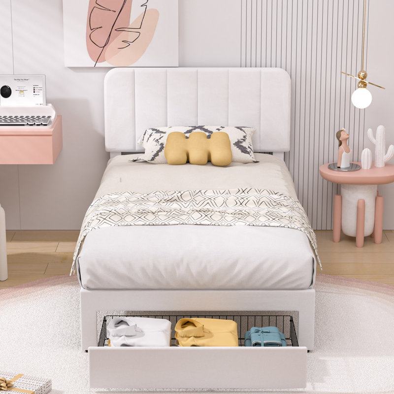 Huntsville 4-Drawer Velvet Upholstered Platform Bed, White, Twin
