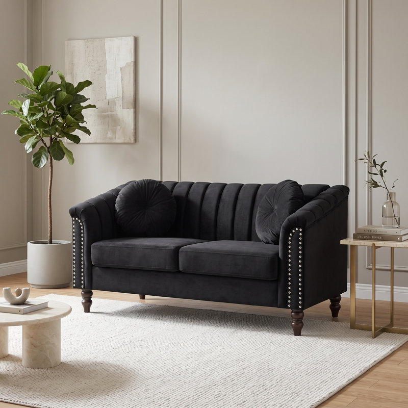 Black Upholstered Loveseat with Channel Tufting, Rolled Arms and Nailhead Trim, Loveseat