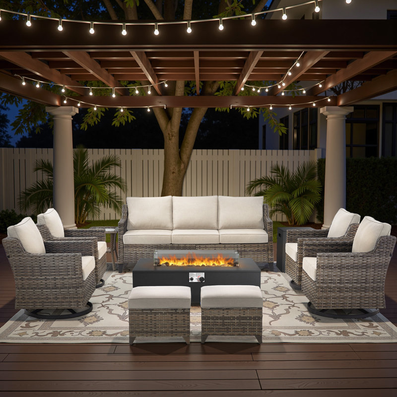 9 - Person Outdoor Wicker Patio Conversation Furniture Sofa Set With Swivel Chairs & Fire Pit Table, Beige