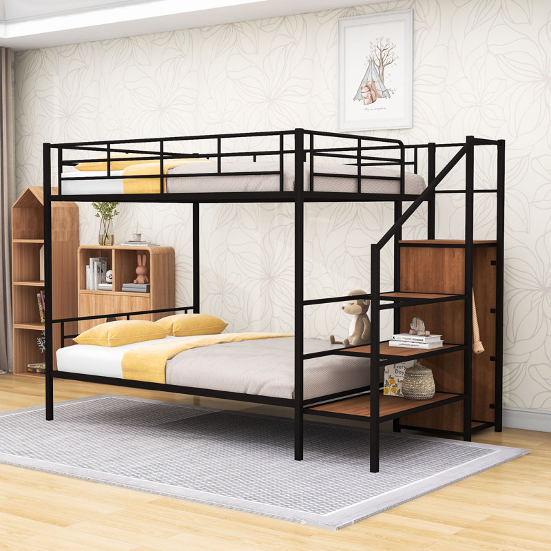 Metal Bunk Bed With Storage Wardrobe And Staircase, Black, Full over Full