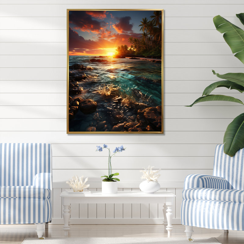 Plage, coucher de soleil, sérénade sur toile, L 12 po x H 20 po, Cadre flottant doré