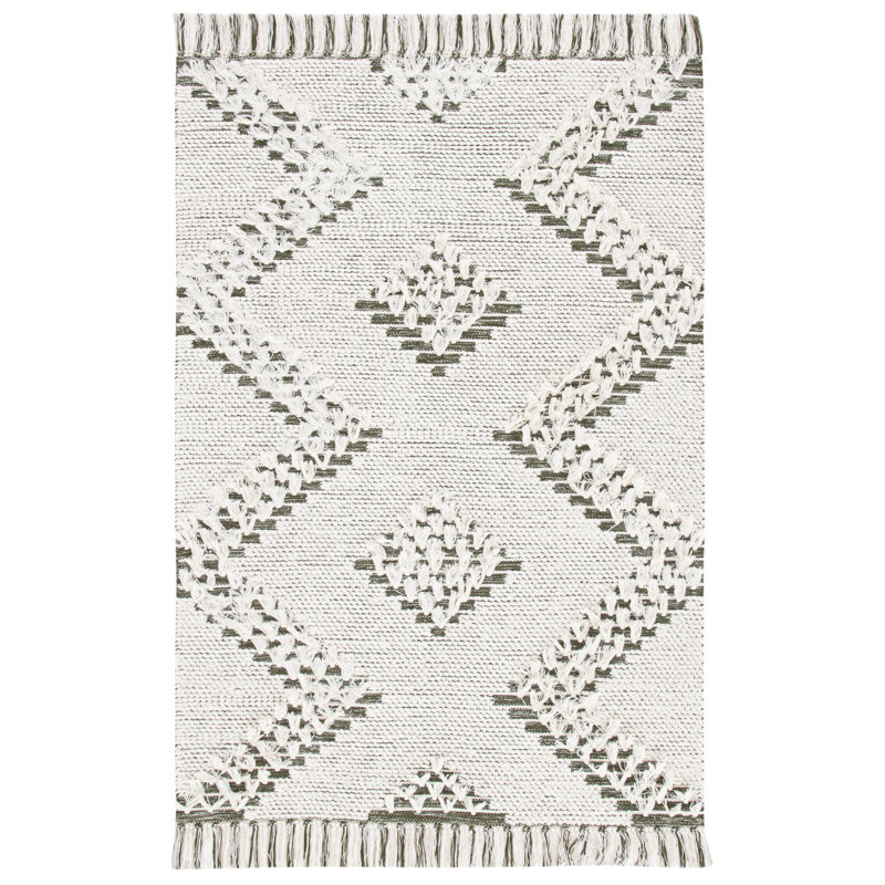 Jiren Flat Weave Wool/Cotton Geometric Rug in Green/Ivory, Rectangle 5' x 8'