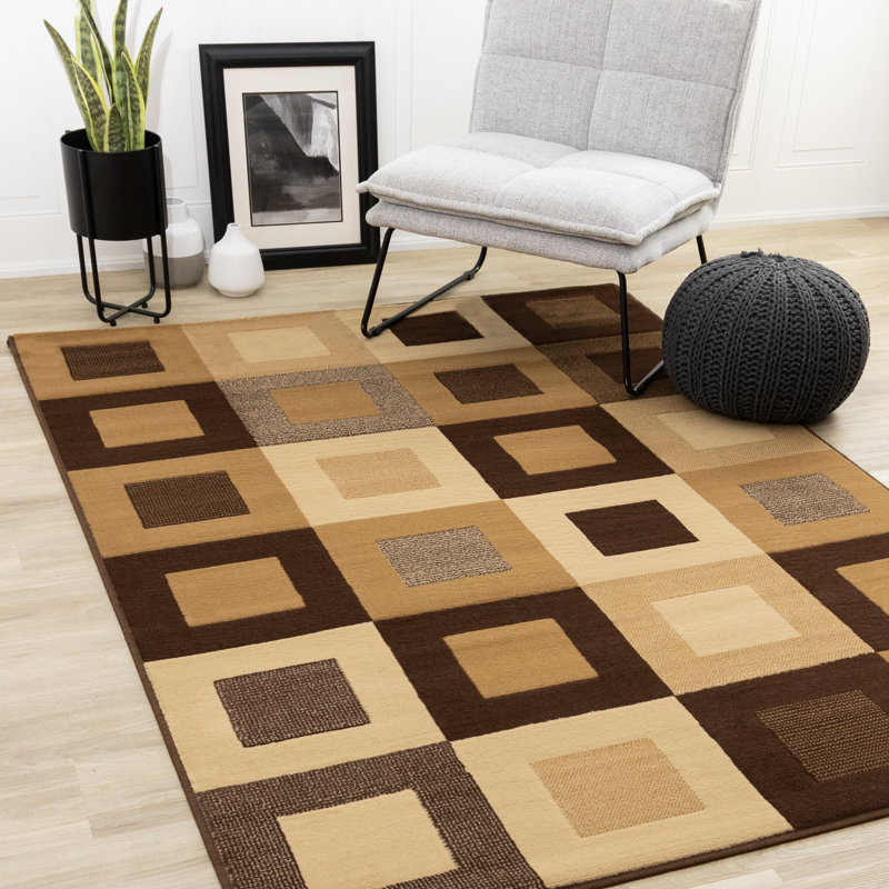 Vintage Checkered Brown Area Rug, Rectangle 5'3" x 7'5"