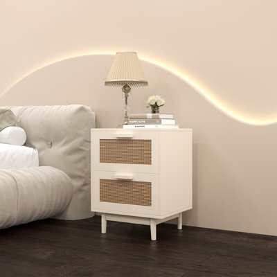 Table de chevet en rotin - table de bout en bois - table d'appoint avec 2 faux tiroirs en rotin, table de chevet, table d'appoint en bois avec rangement pour le salon et la chambre à coucher, bois robuste