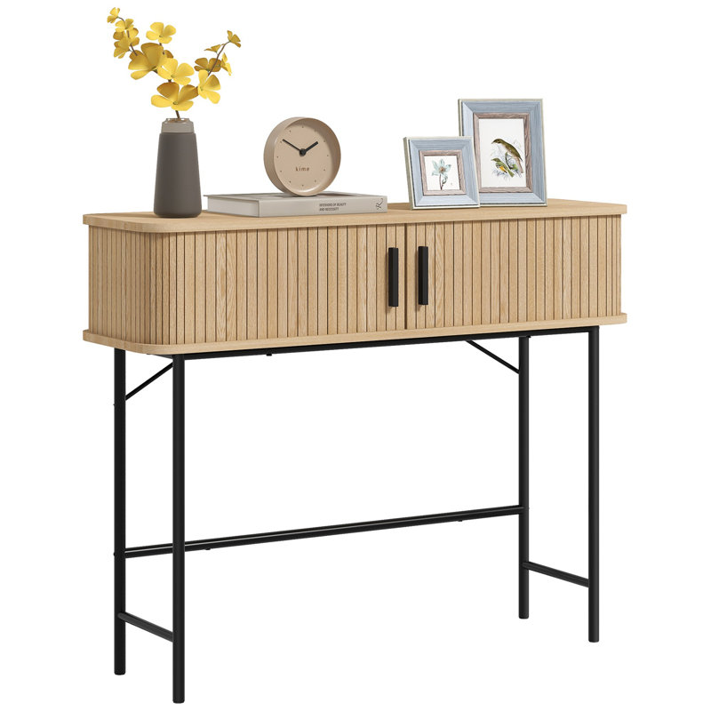 Console étroite avec portes coulissantes en lattes Tambour, chêne