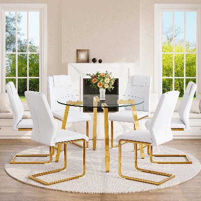 Ensemble de table de salle à manger ronde moderne, plateau de table en verre trempé et chaises avec pieds en métal doré