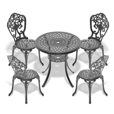 5 meubles de salle à manger en aluminium de style traditionnel noir, revêtement haute température, pieds d'extérieur pour 4, motifs rectangulaires, résistance, coin salon ergonomique