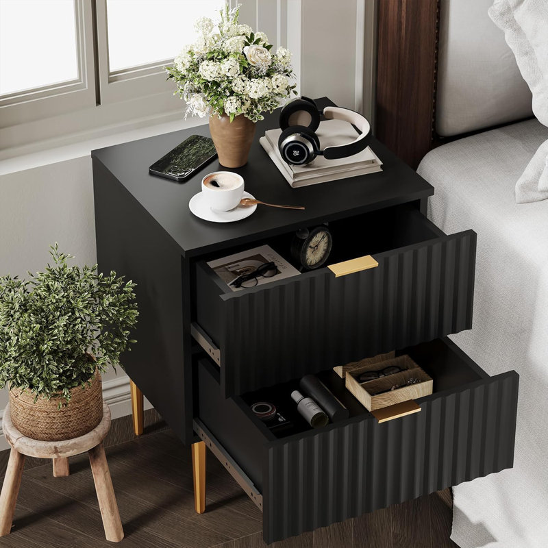 Channing Modern 2 Drawer Nightstand with Handles and Gold Legs, Black, Set of 2
