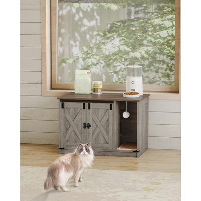 Cat Litter Box Enclosure, Hidden Litter Box Cabinet Furniture with Bell, Indoor Cat House, Farmhouse Style, 31.5 x 19.7 x 20.9Inches, for Hallway, Bedroom, Greige and Brown