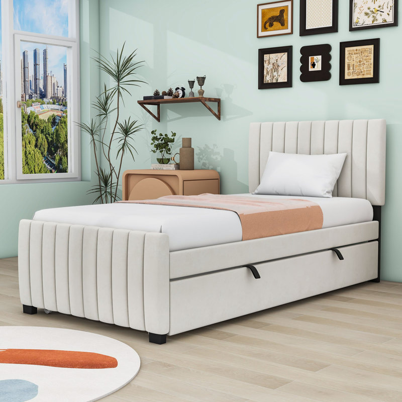 Twin Upholstered Platform Bed with Trundle, Beige