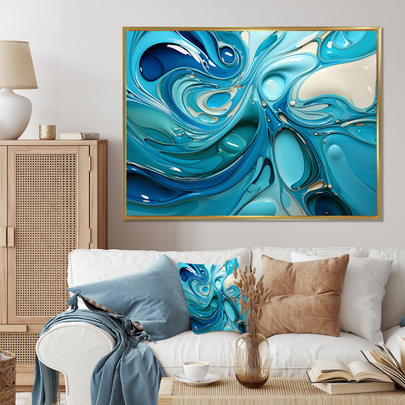 «Blue Fluid Grind II», art abstrait en marbre, H 34 po x l 44 po x P 1,5 po, Cadre flottant doré