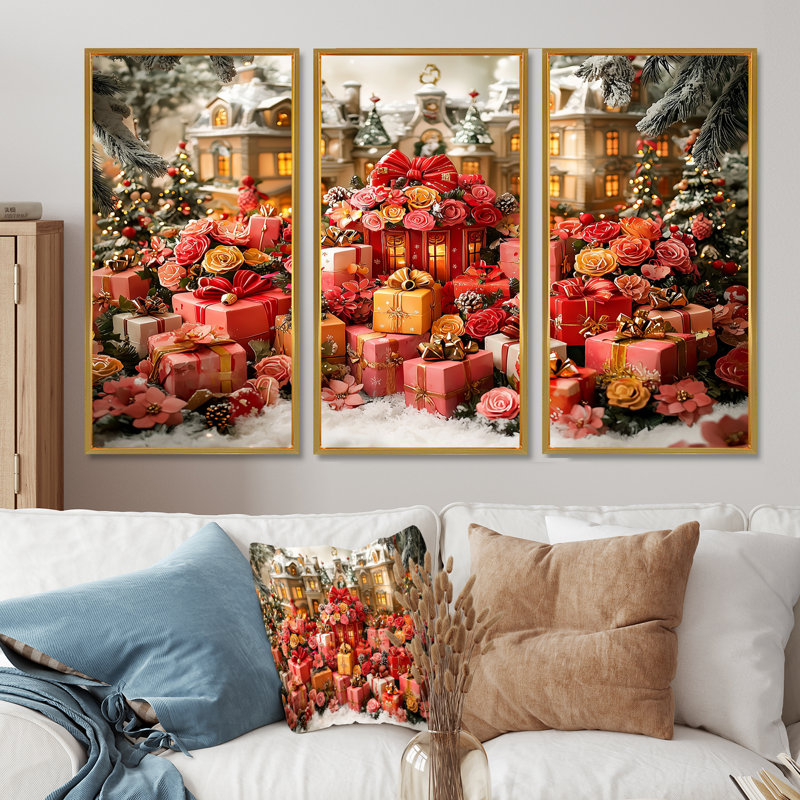 Ensemble de salon art de Noël rose or rose, Toile avec cadre flottant or, H 40 po x l 60 po x P 1 po