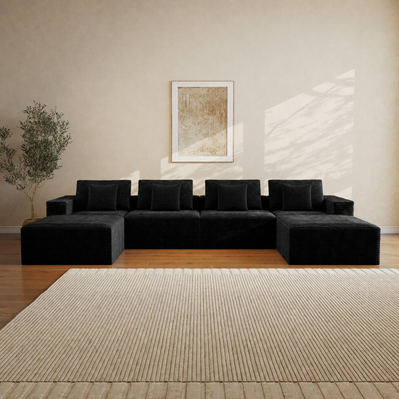 Canapé modulaire à compression en forme de U 141,7 po avec méridienne en velours côtelé noir Abdou