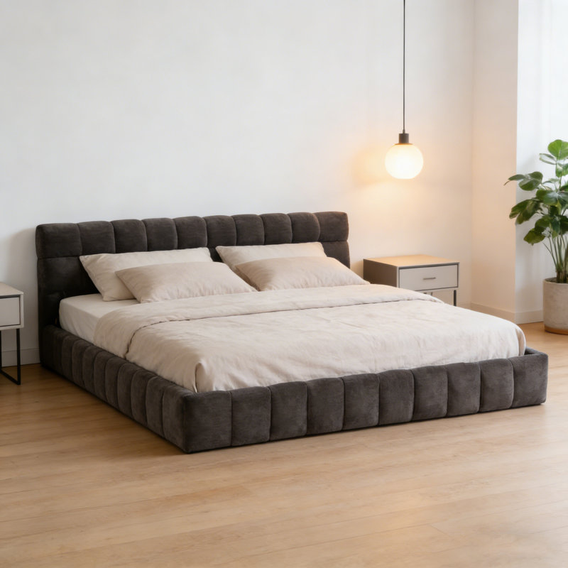 Très grand cadre de lit tapissier très grand avec tissu épais, lit plateforme très grand en chenille avec tête de lit et structure solide. Aucun sommier tapissier requis - gris foncé (88,5 po x 85,5 po x 24 po)